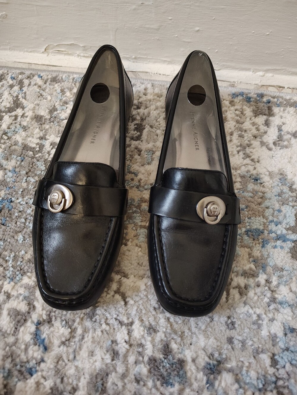 Etienne Aigner Black Leather Loafers with Silver Emblem